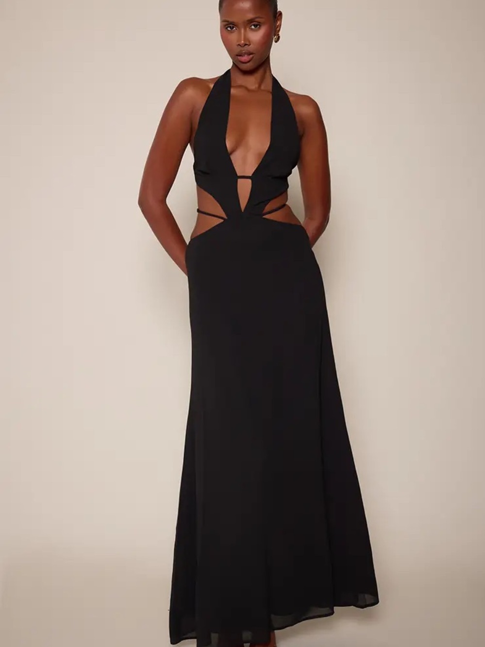PrettyLittleThing Black Chiffon Deep Plunge Cut Out Maxi Dress NWT